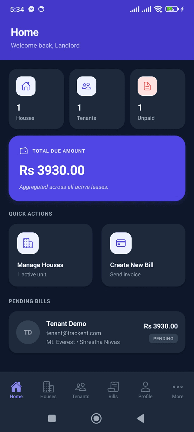 Trackent dashboard screen for account deletion step two