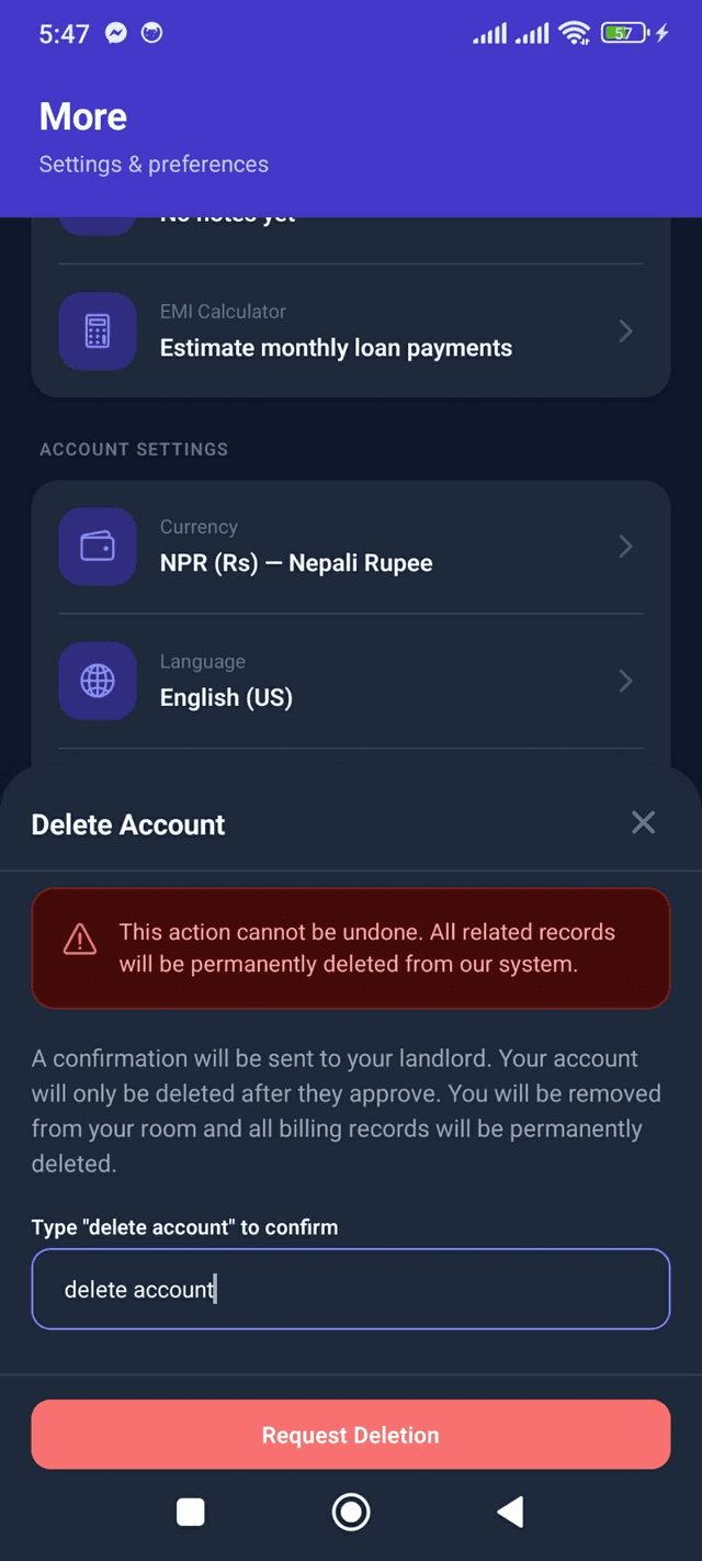 Trackent delete account confirmation modal for step four