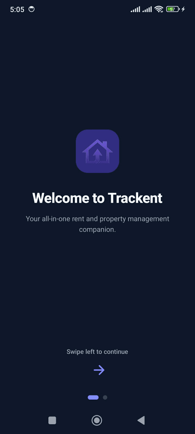 Trackent welcome screen with app branding and get started button