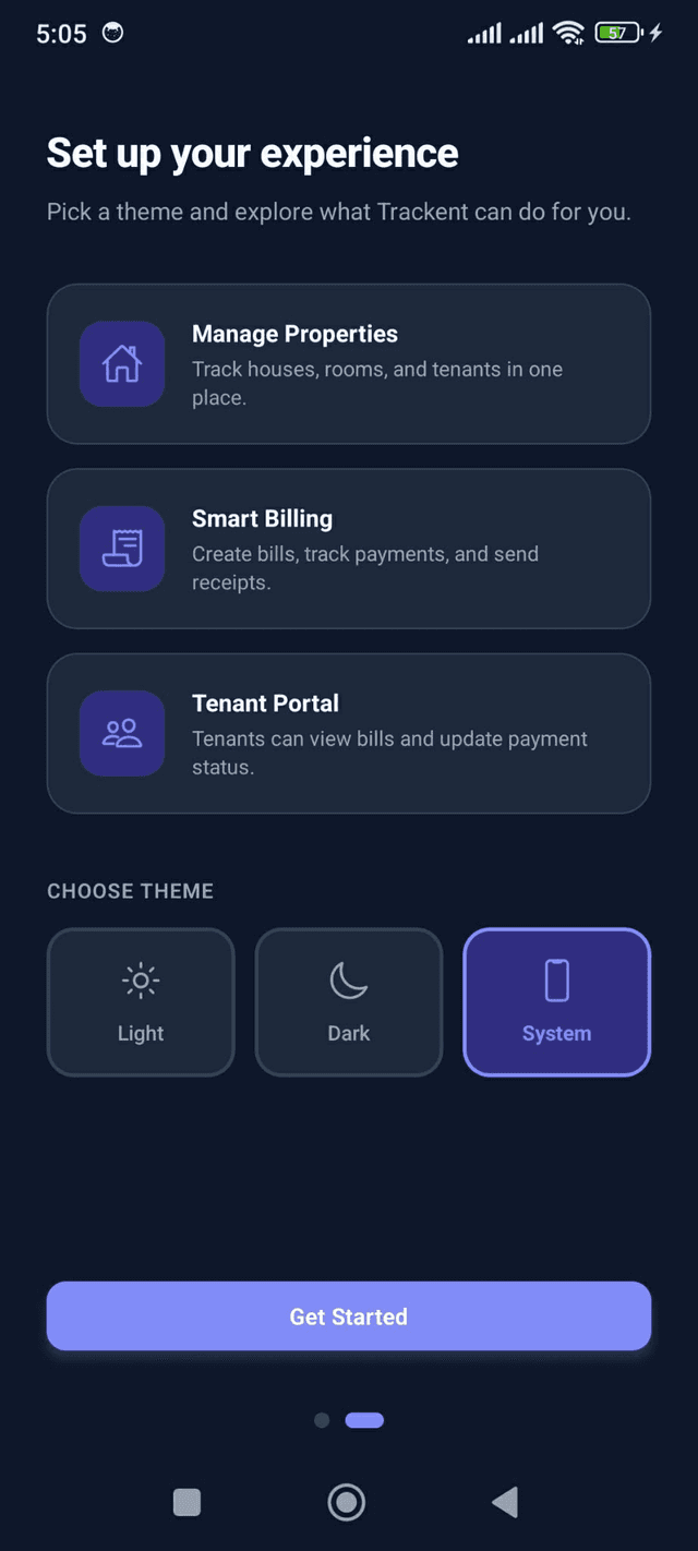 Trackent onboarding screen showing feature descriptions