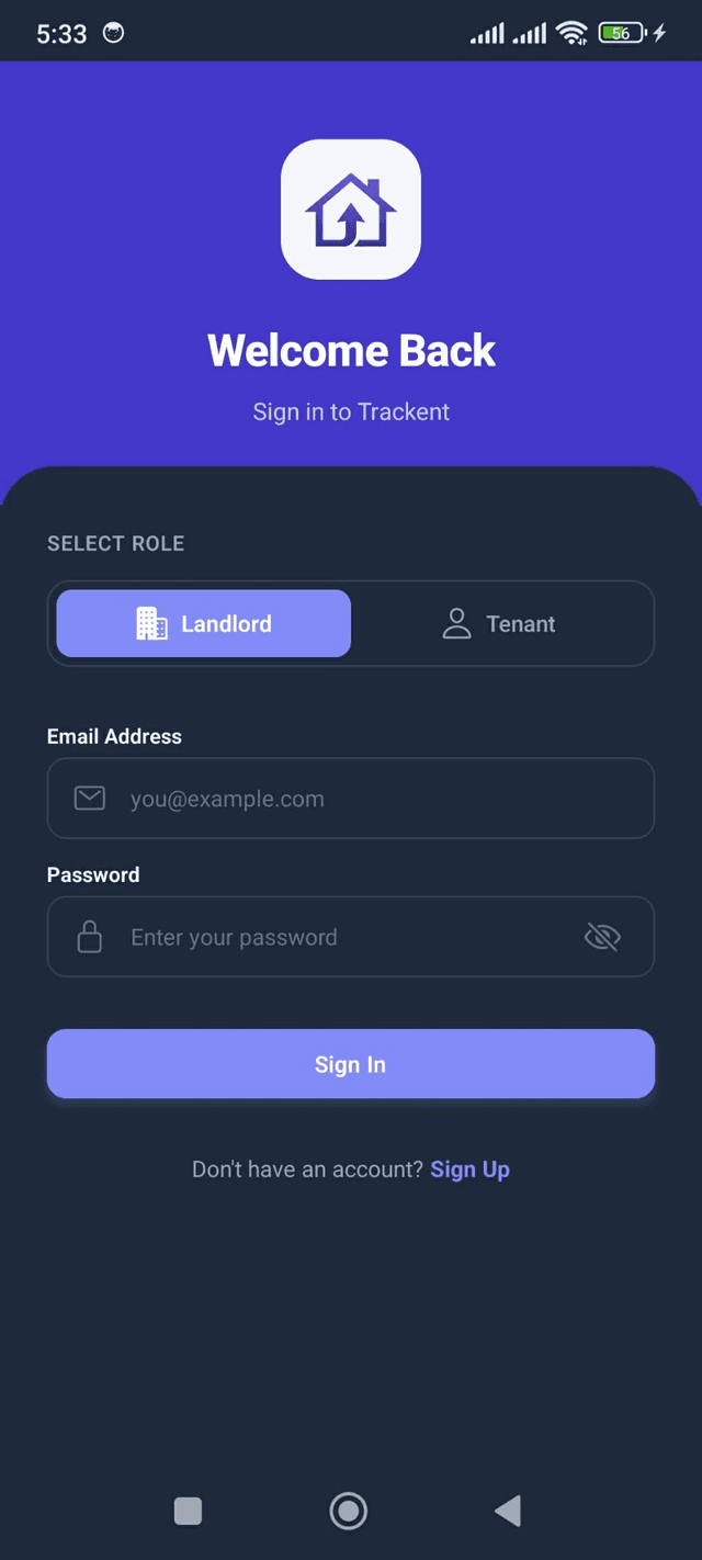 Trackent login screen with landlord and tenant role selection