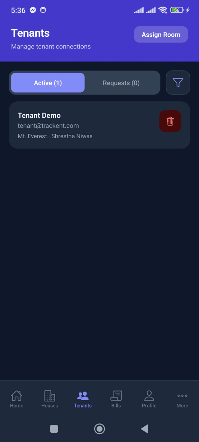 Trackent landlord tenants list screen
