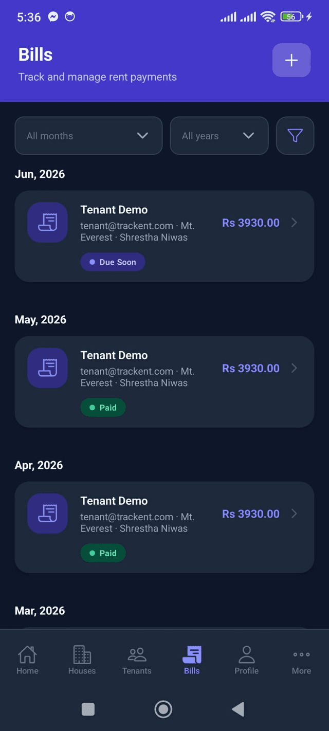 Trackent landlord bills list screen