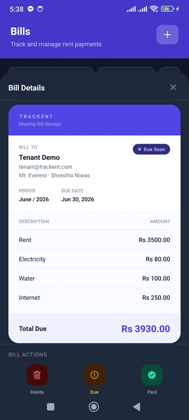 Trackent landlord bill details with usage breakdown