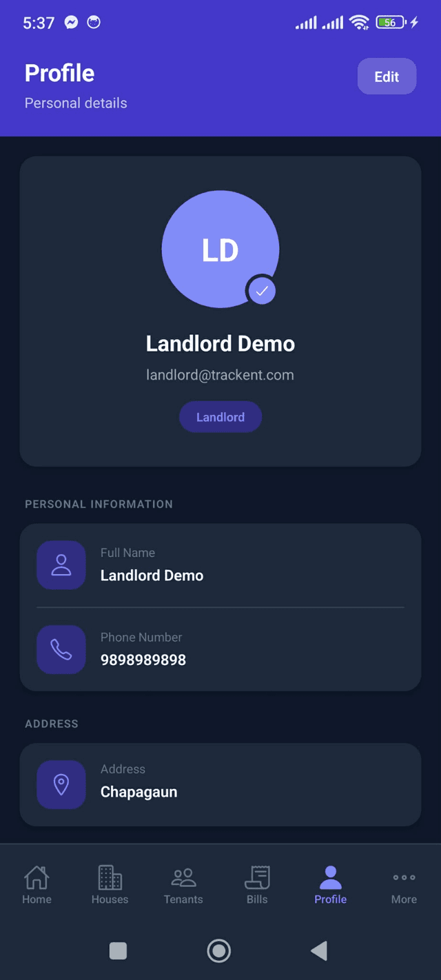 Trackent landlord profile screen
