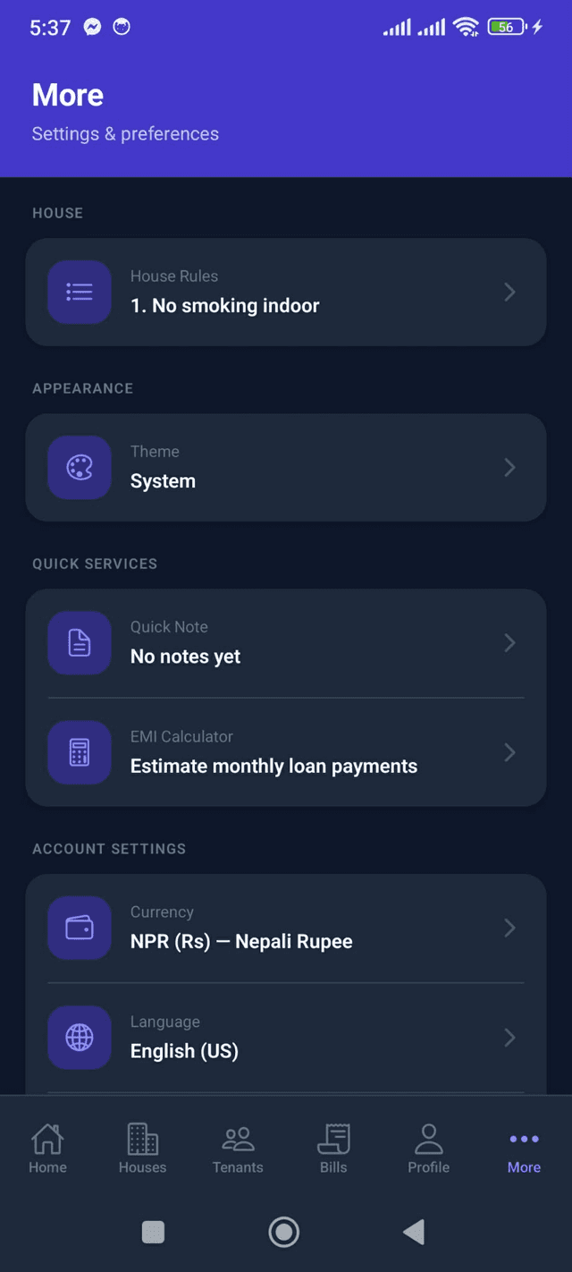 Trackent landlord more settings screen