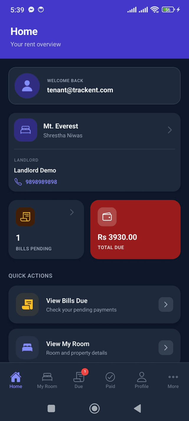 Trackent tenant dashboard showing linked landlord and due amounts