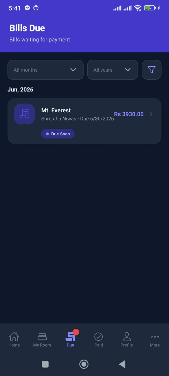 Trackent tenant due bills screen