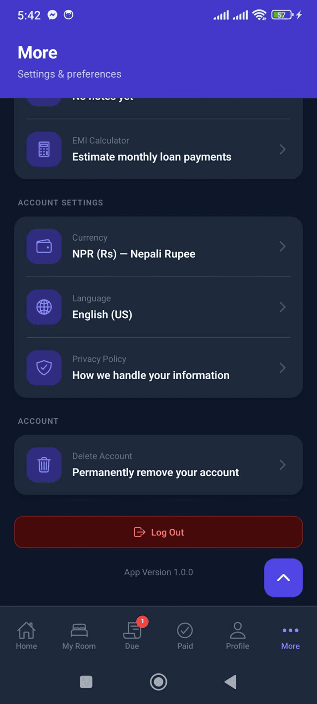Trackent tenant more settings screen